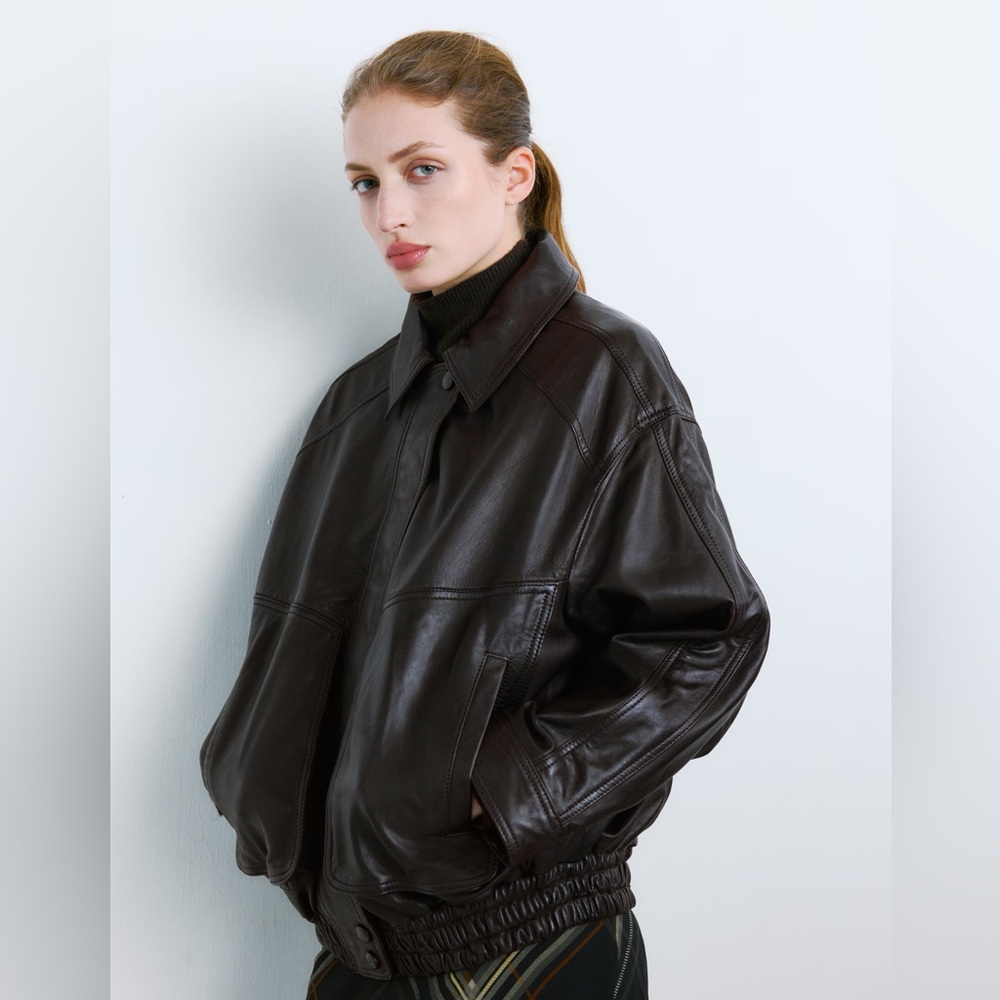 Mango Dark Brown Oversized Leather Jacket